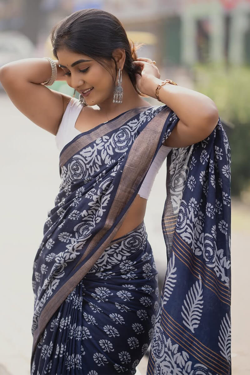 Grandiose 1-Minute Ready To Wear Navy Blue Cotton Saree