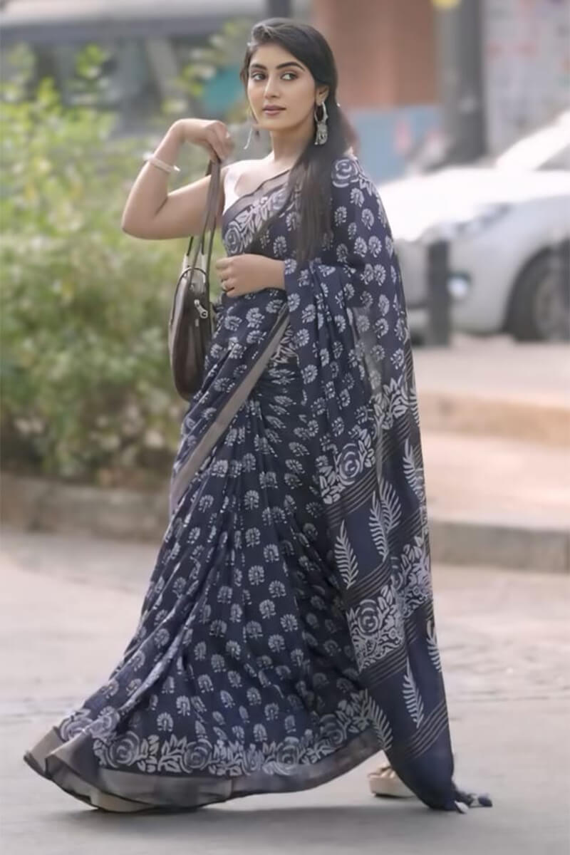 Grandiose 1-Minute Ready To Wear Navy Blue Cotton Saree