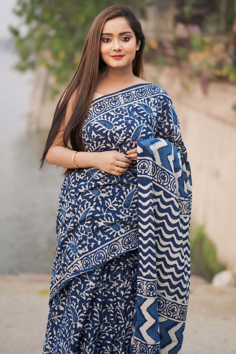 Enamoring 1-Minute Ready To Wear Blue Cotton Saree