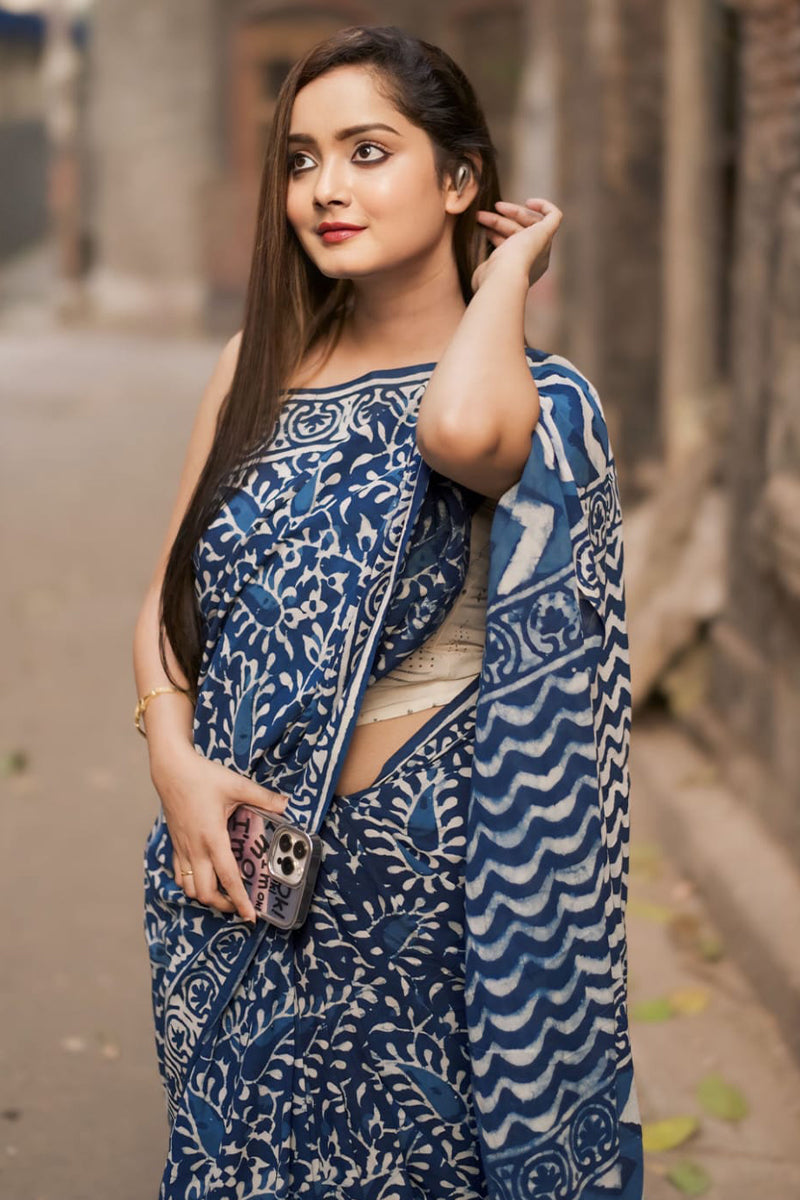 Enamoring 1-Minute Ready To Wear Blue Cotton Saree