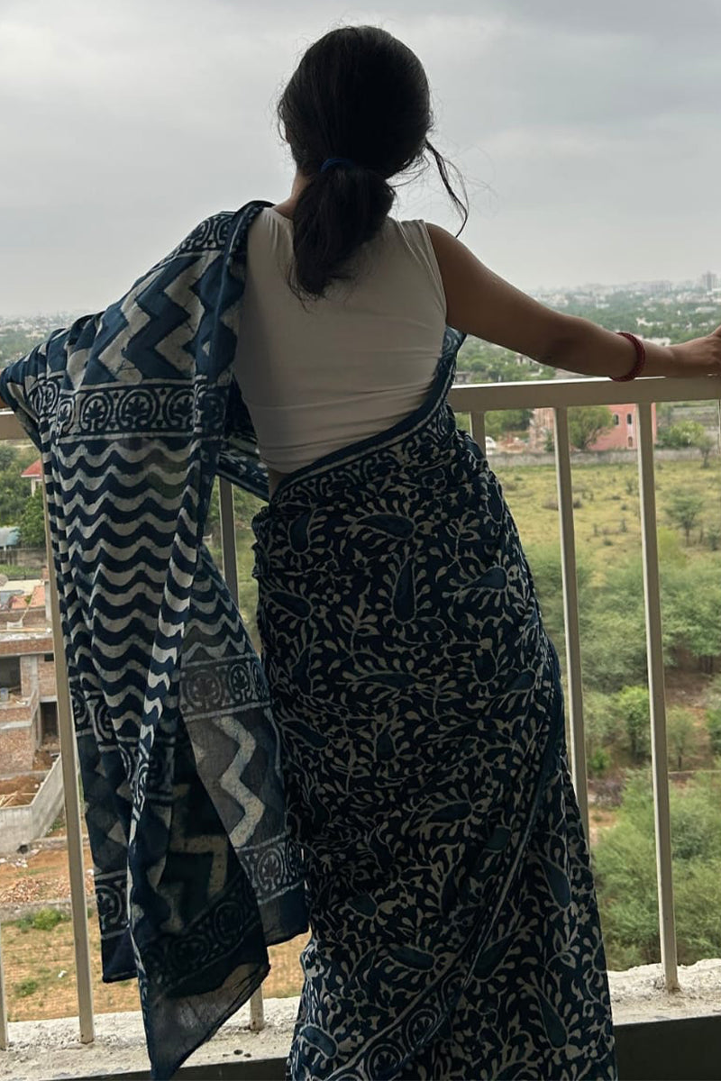 Enamoring 1-Minute Ready To Wear Blue Cotton Saree