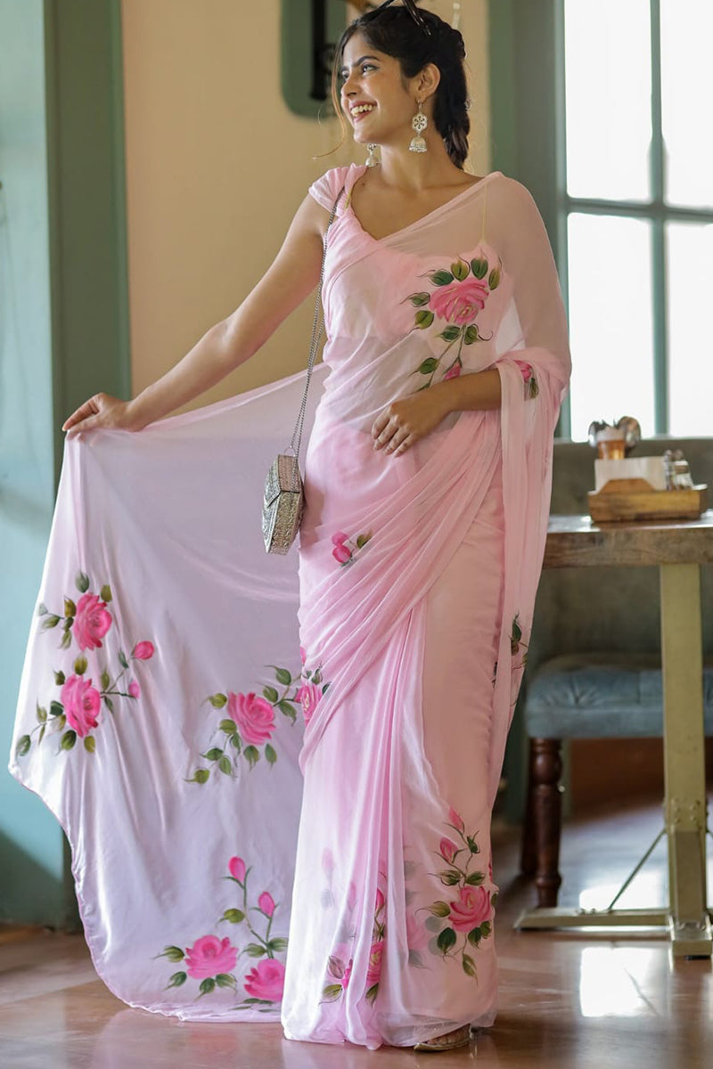 Deserving List 1-Minute Ready To Wear Pink Georgette Saree