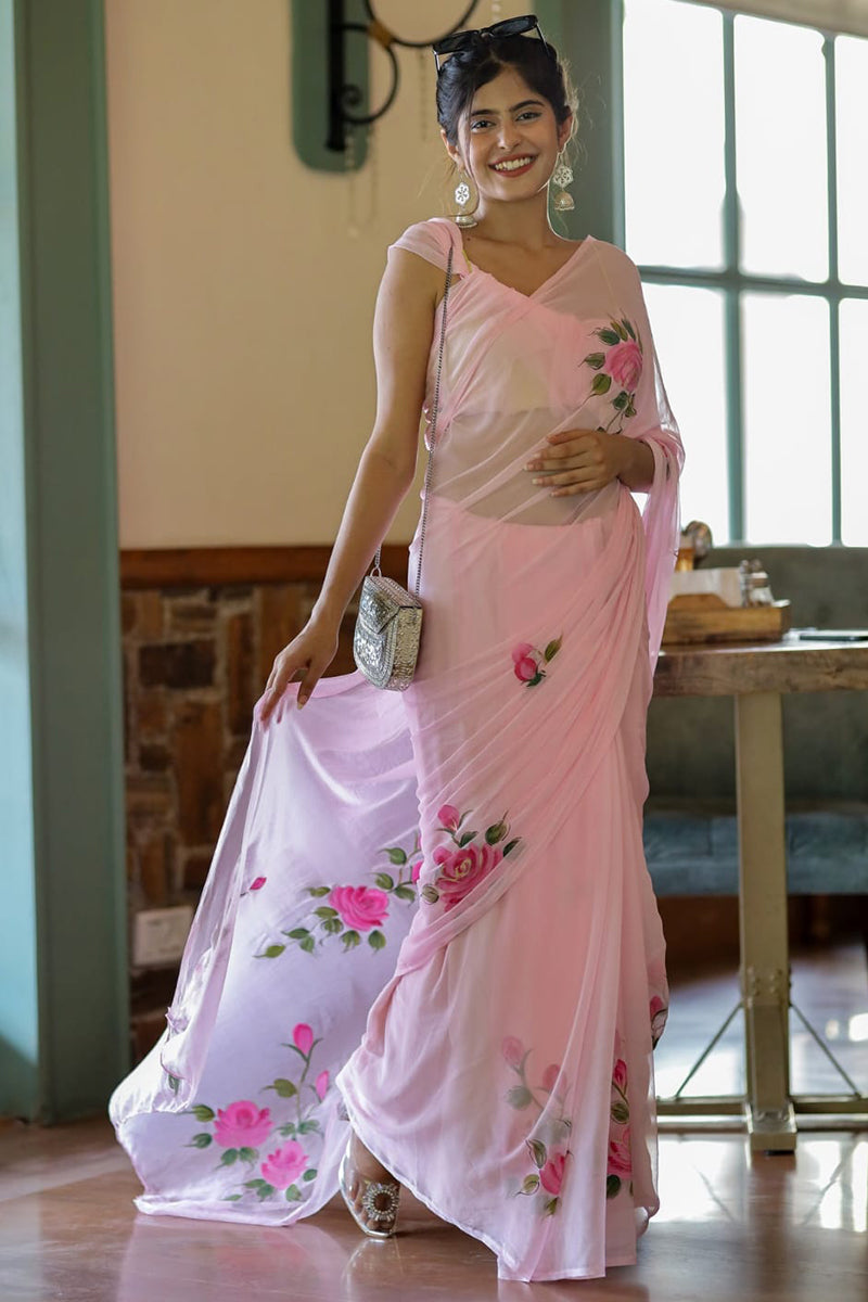 Deserving List 1-Minute Ready To Wear Pink Georgette Saree