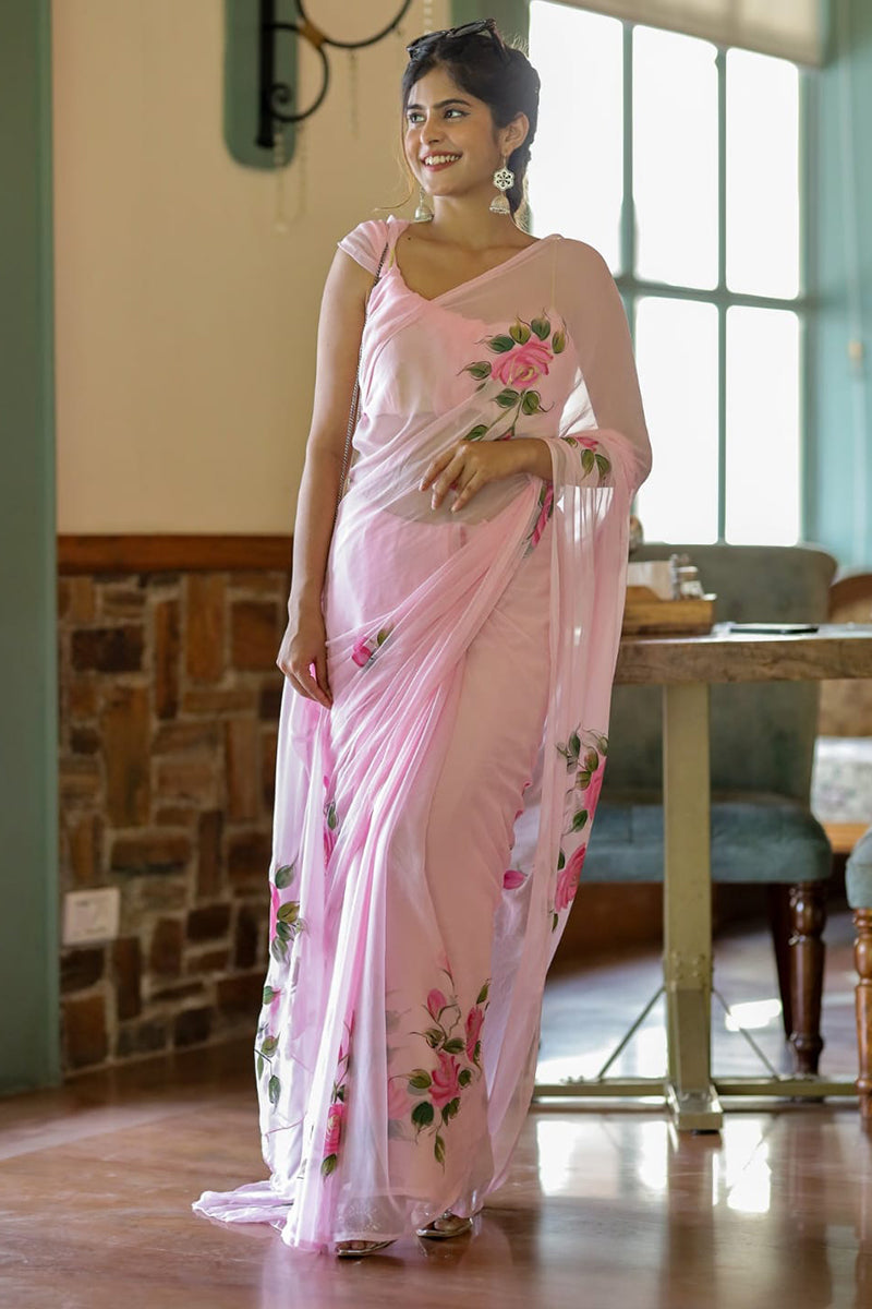 Deserving List 1-Minute Ready To Wear Pink Georgette Saree