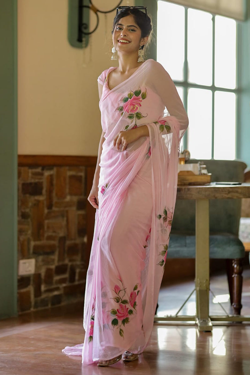 Deserving List 1-Minute Ready To Wear Pink Georgette Saree