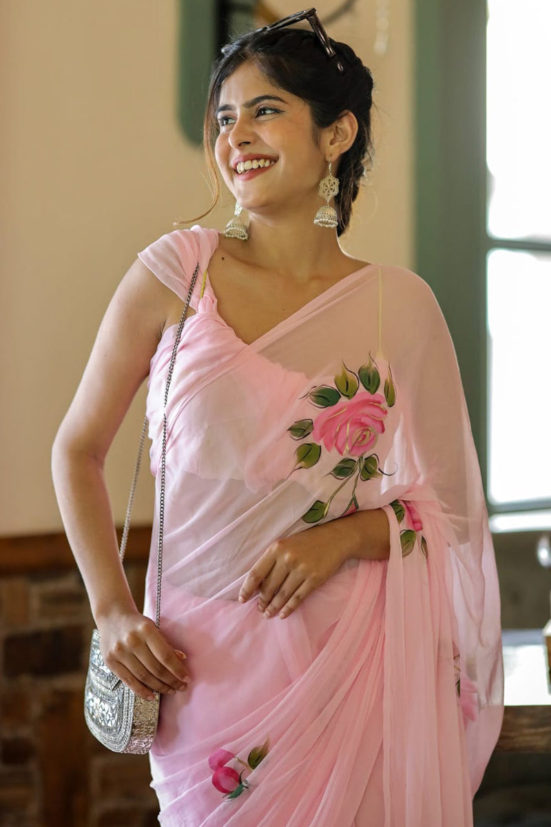 Deserving List 1-Minute Ready To Wear Pink Georgette Saree
