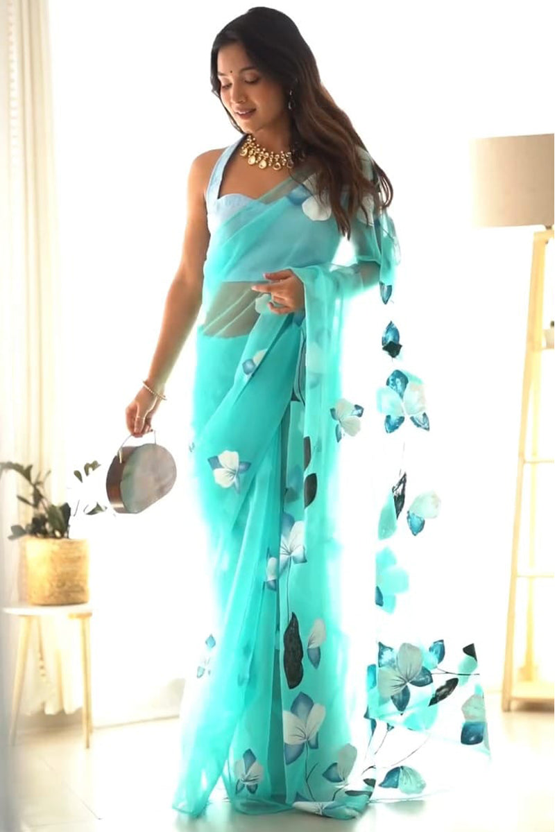 Verdant 1-Minute Ready To Wear Sky Organza Silk Saree