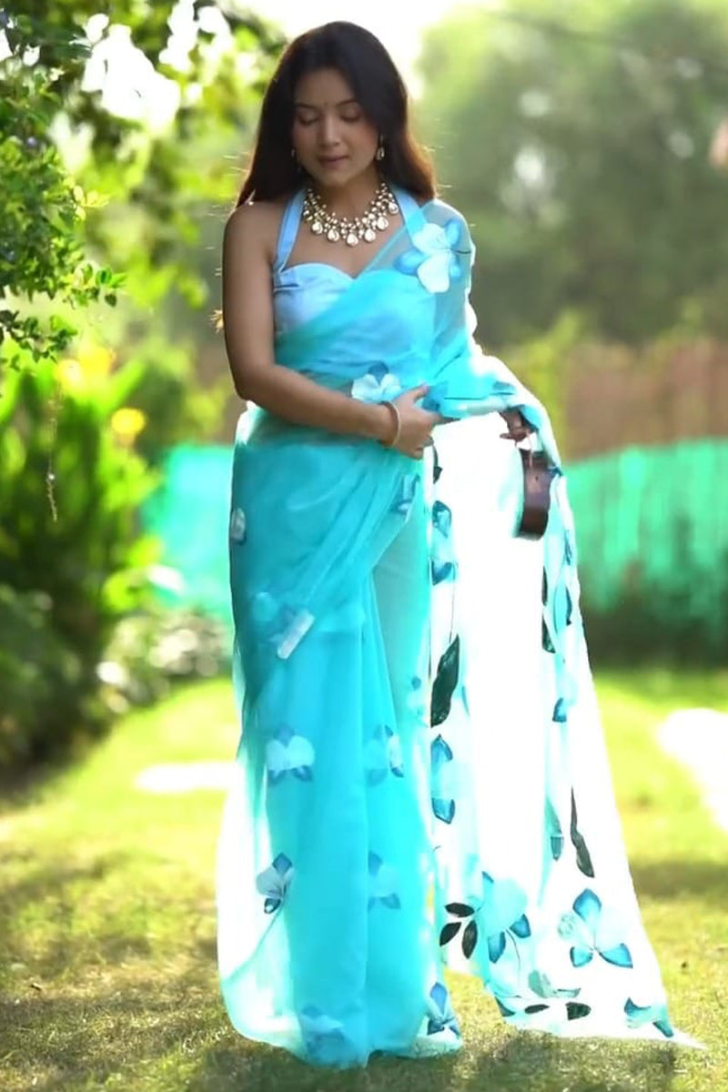 Verdant 1-Minute Ready To Wear Sky Organza Silk Saree