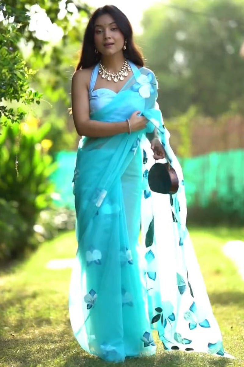 Verdant 1-Minute Ready To Wear Sky Organza Silk Saree