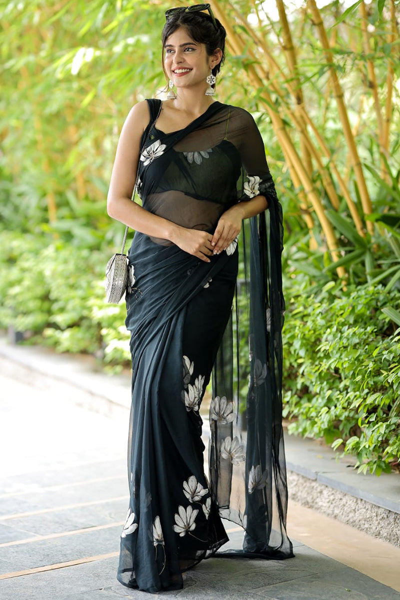 Majesty 1-Minute Ready To Wear Black Georgette Saree