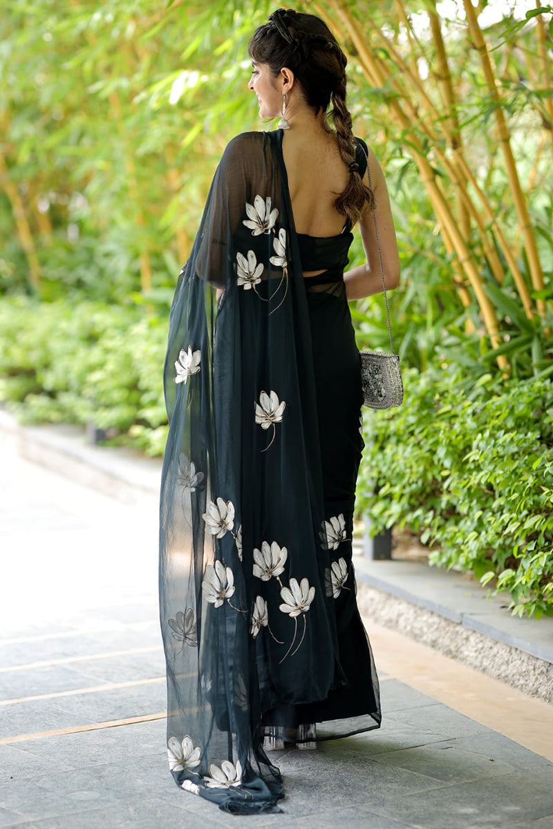 Majesty 1-Minute Ready To Wear Black Georgette Saree