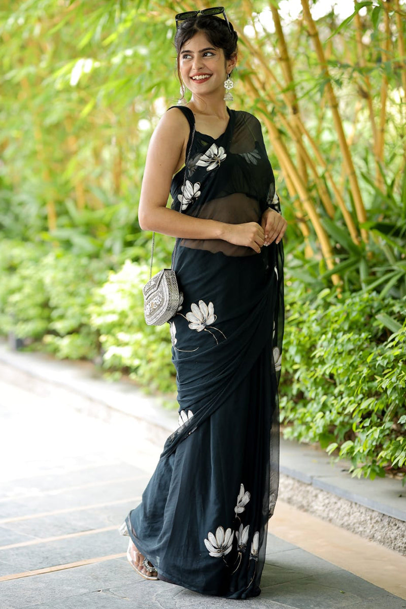 Majesty 1-Minute Ready To Wear Black Georgette Saree
