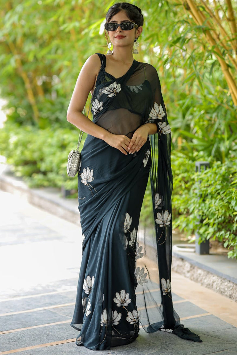 Majesty 1-Minute Ready To Wear Black Georgette Saree