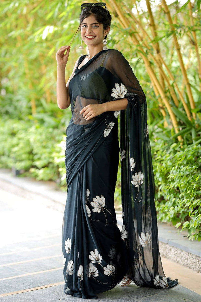Majesty 1-Minute Ready To Wear Black Georgette Saree