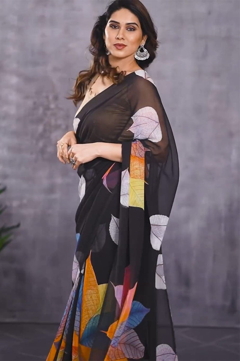 Unique 1-Minute Ready To Wear Black Georgette Saree