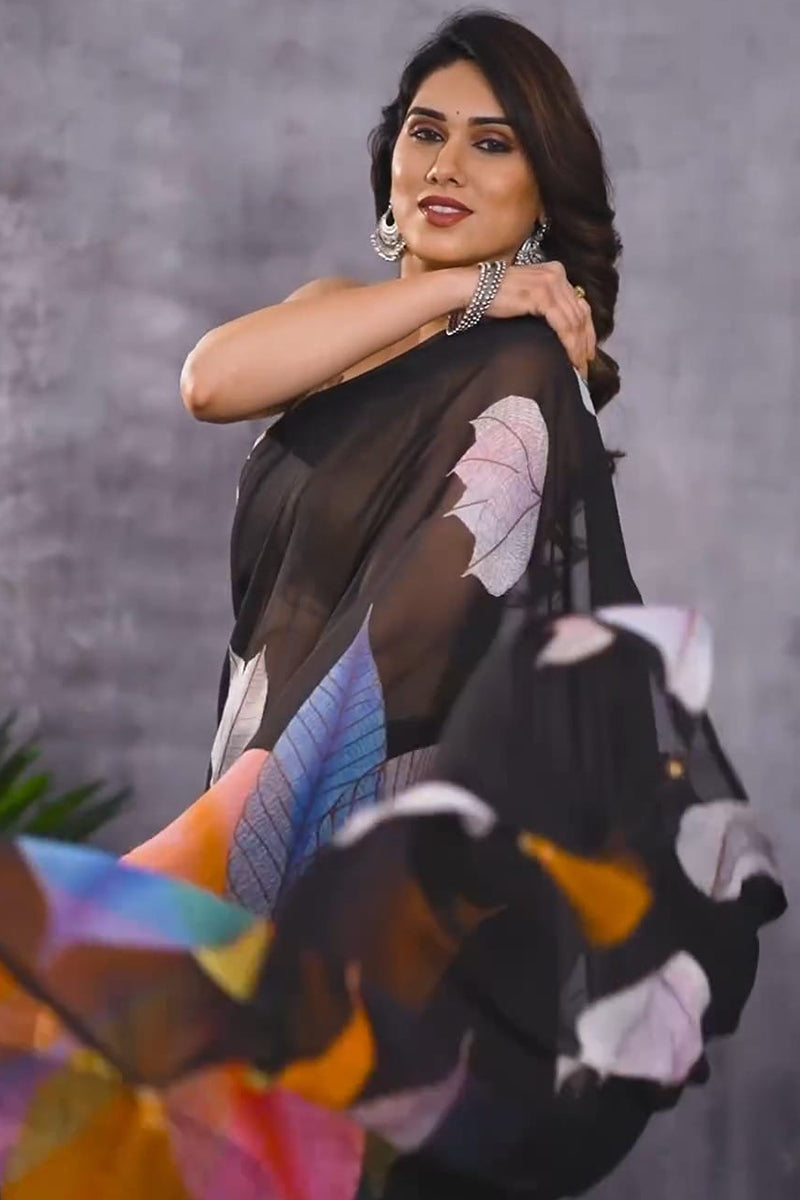 Unique 1-Minute Ready To Wear Black Georgette Saree
