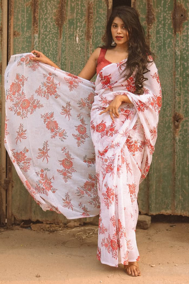 Rhapsodic 1-Minute Ready To Wear Off White Georgette Saree