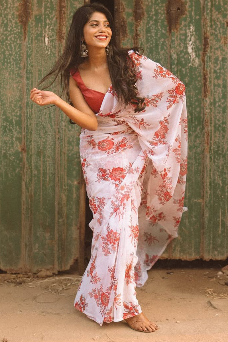 Rhapsodic 1-Minute Ready To Wear Off White Georgette Saree