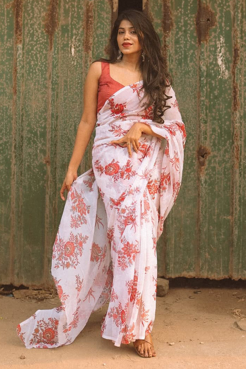 Rhapsodic 1-Minute Ready To Wear Off White Georgette Saree