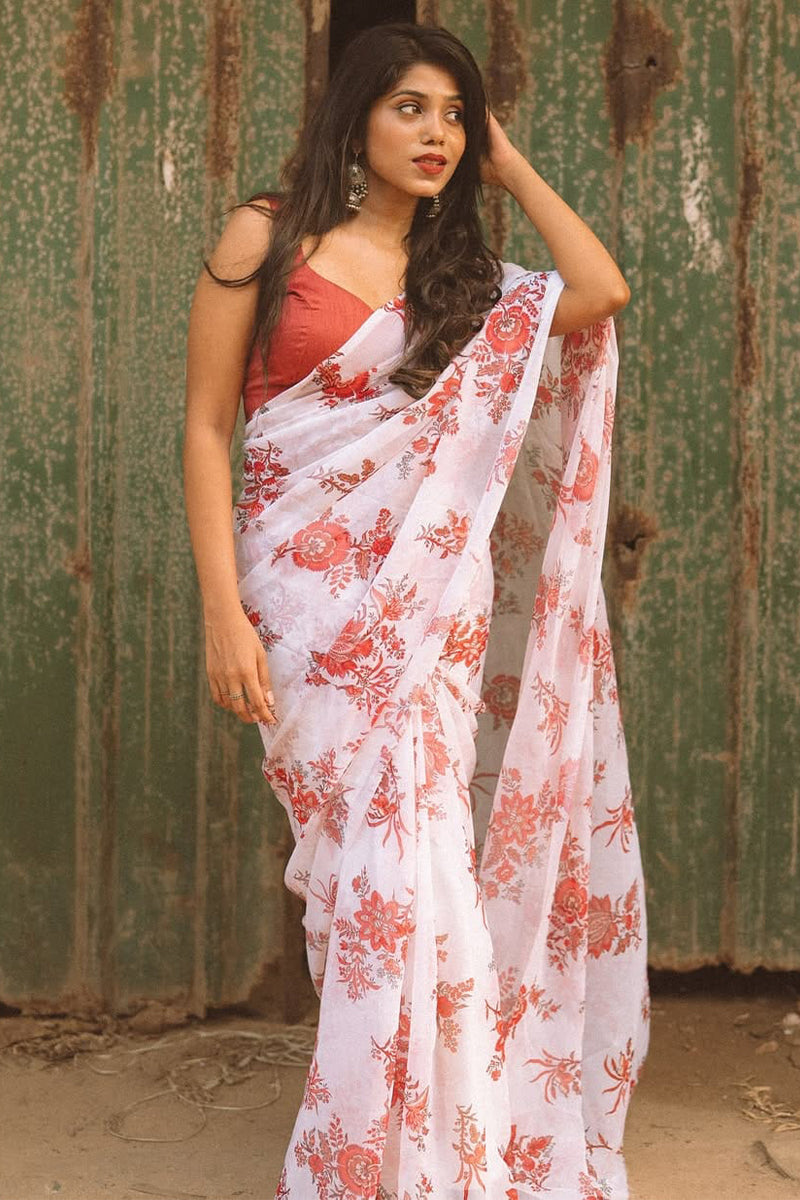 Rhapsodic 1-Minute Ready To Wear Off White Georgette Saree