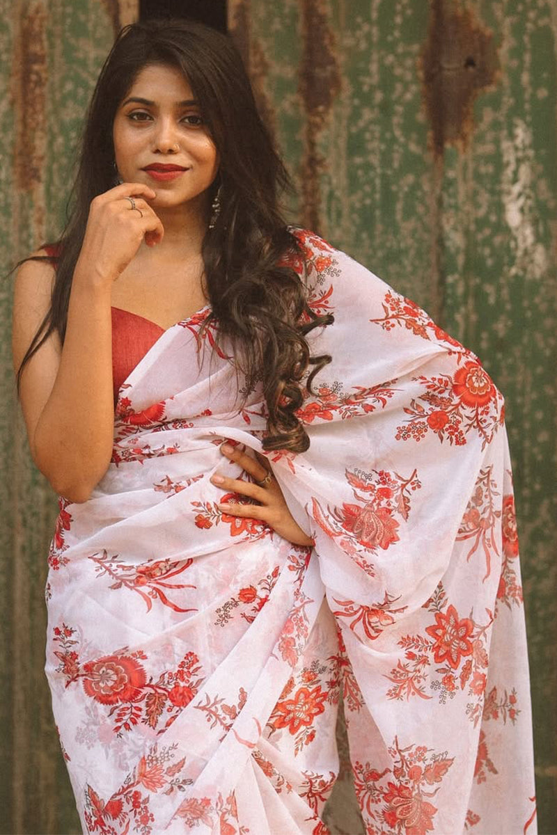 Rhapsodic 1-Minute Ready To Wear Off White Georgette Saree