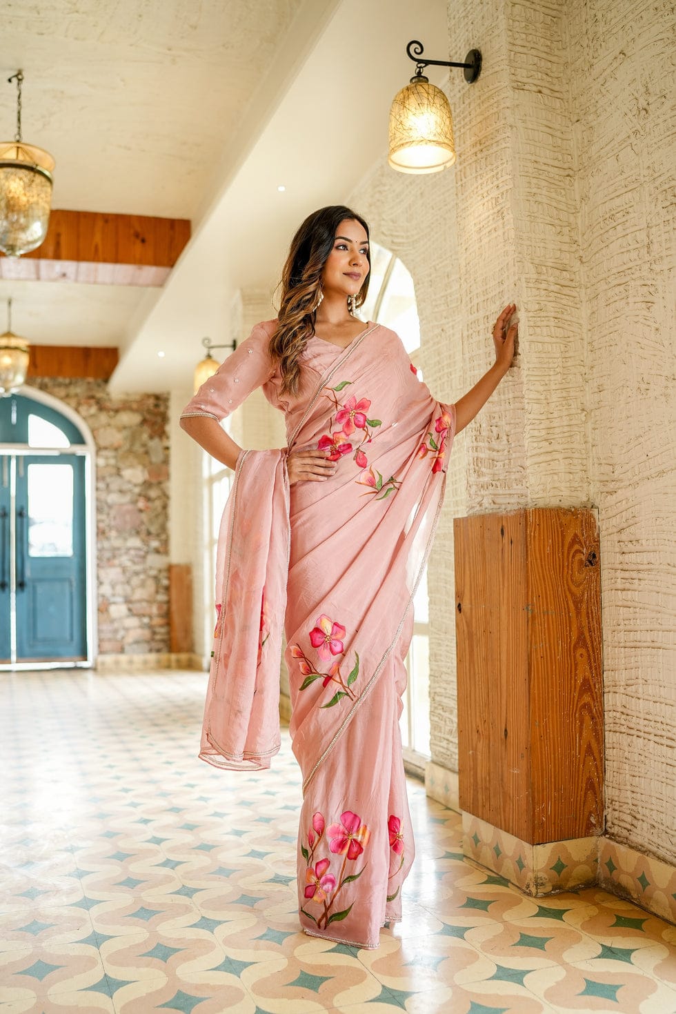 Evanescent 1-Minute Ready To Wear Peach Georgette Silk Saree