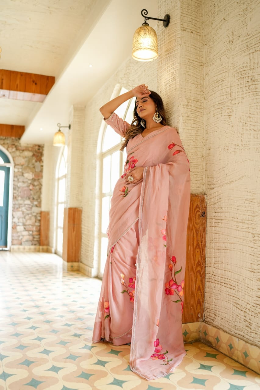 Evanescent 1-Minute Ready To Wear Peach Georgette Silk Saree