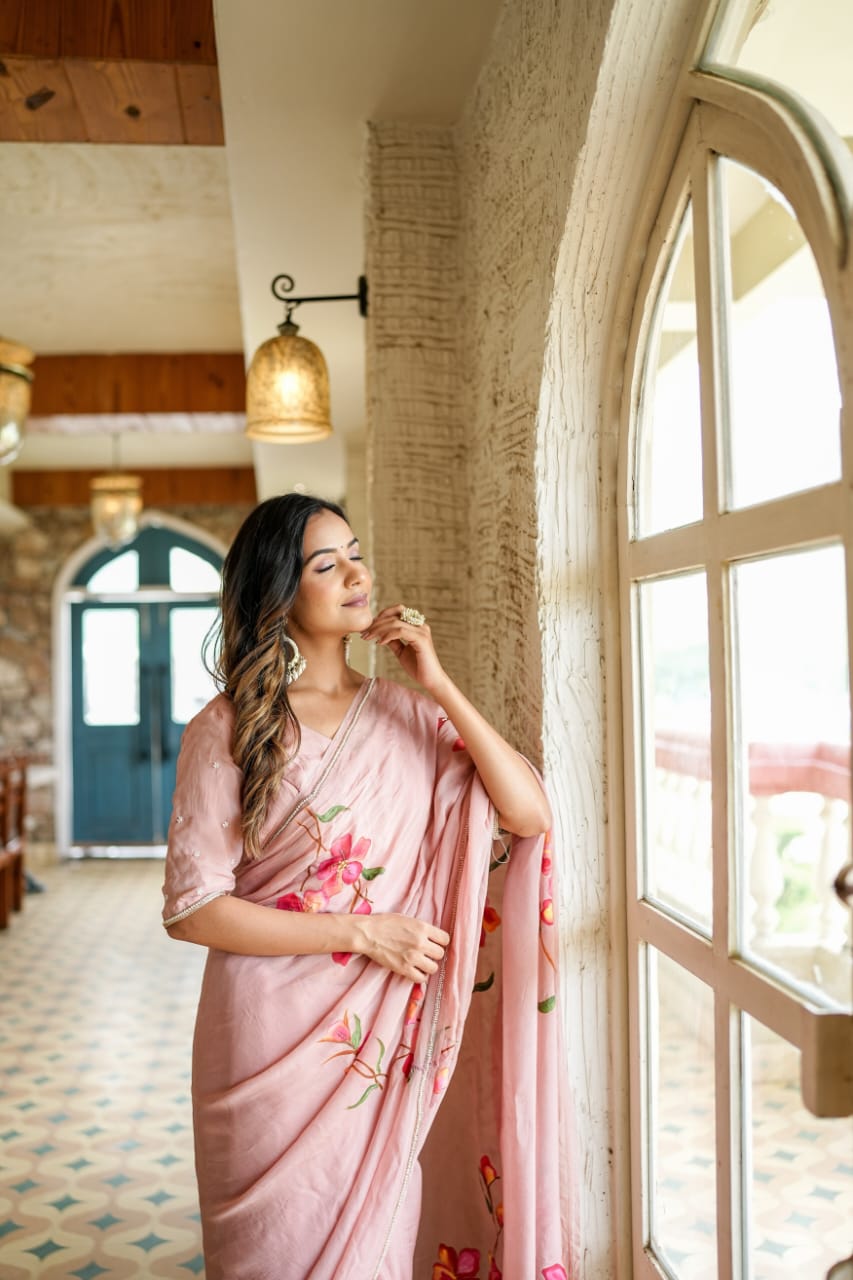 Evanescent 1-Minute Ready To Wear Peach Georgette Silk Saree