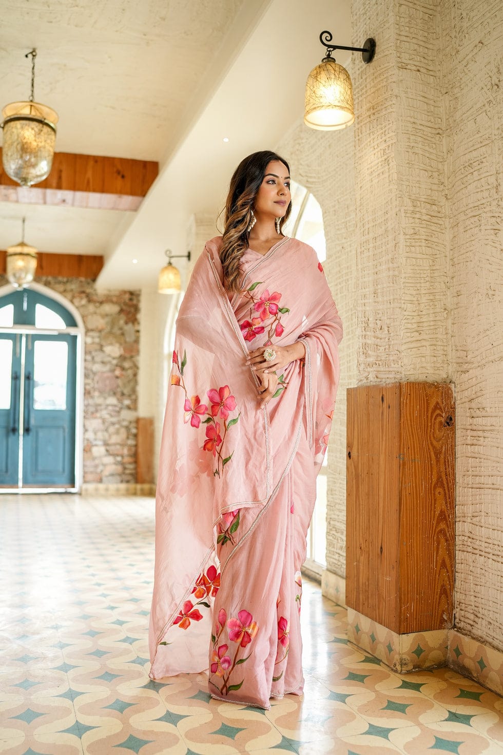 Evanescent 1-Minute Ready To Wear Peach Georgette Silk Saree