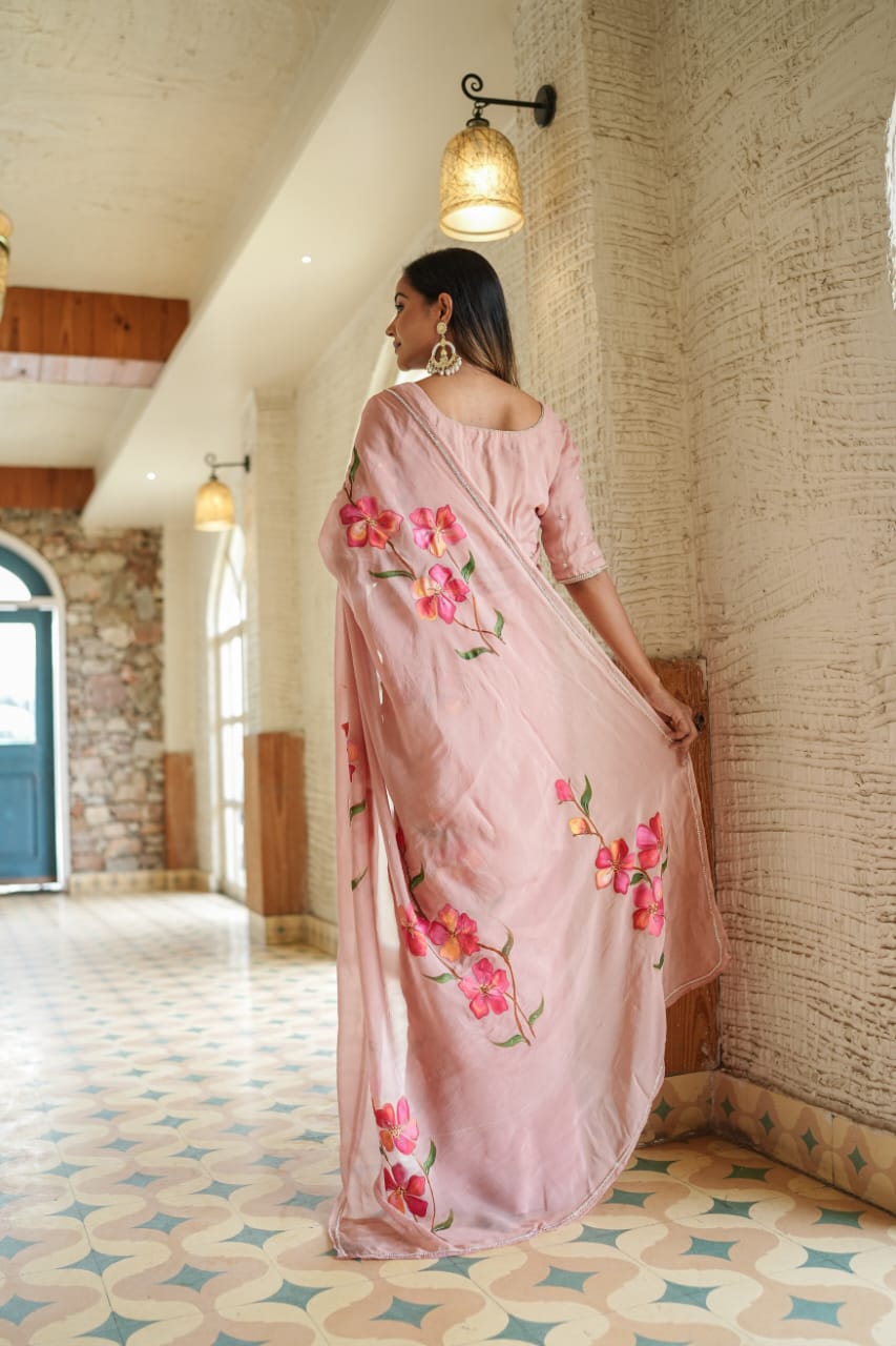 Evanescent 1-Minute Ready To Wear Peach Georgette Silk Saree