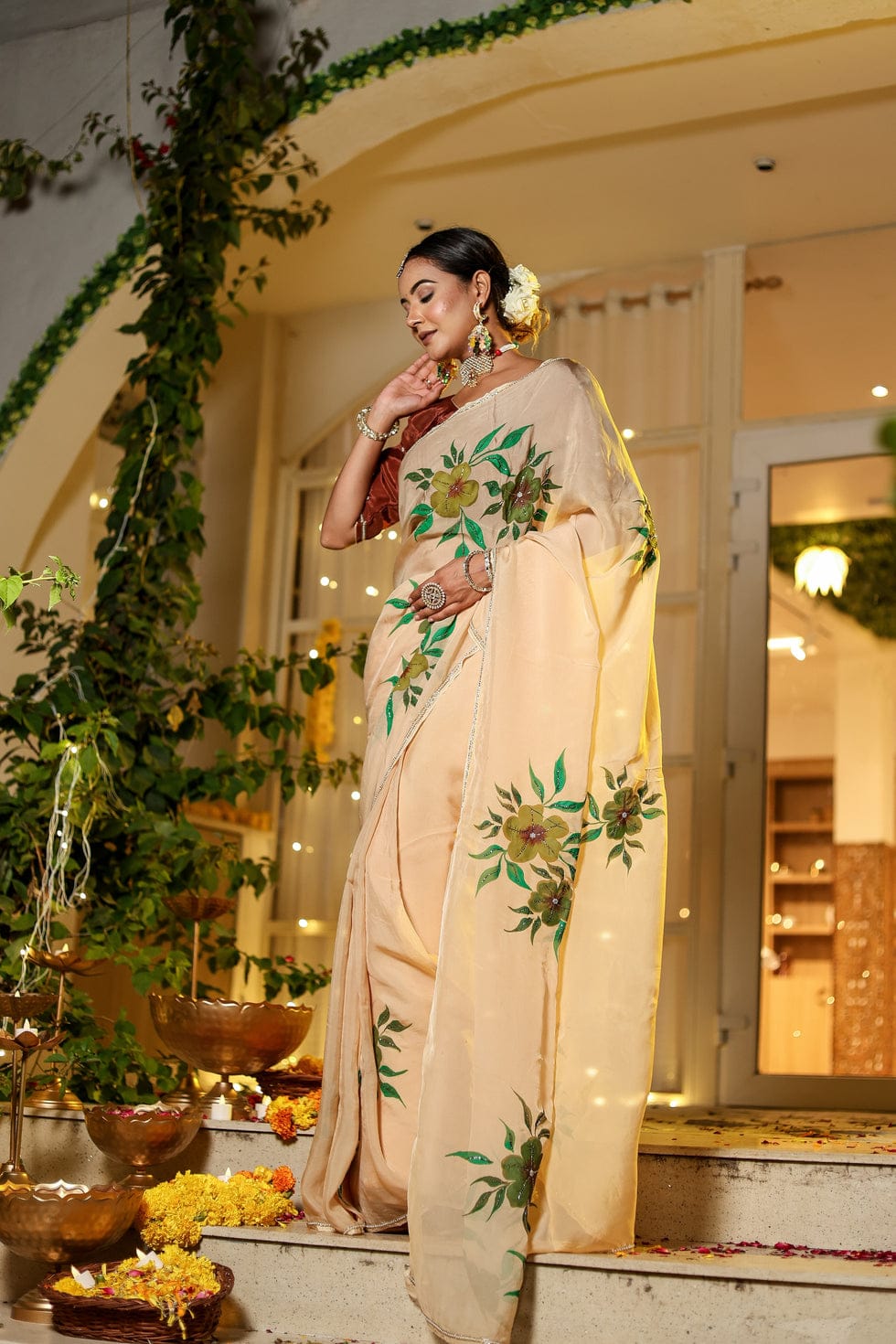 Cynosure 1-Minute Ready To Wear Beige Georgette Silk Saree