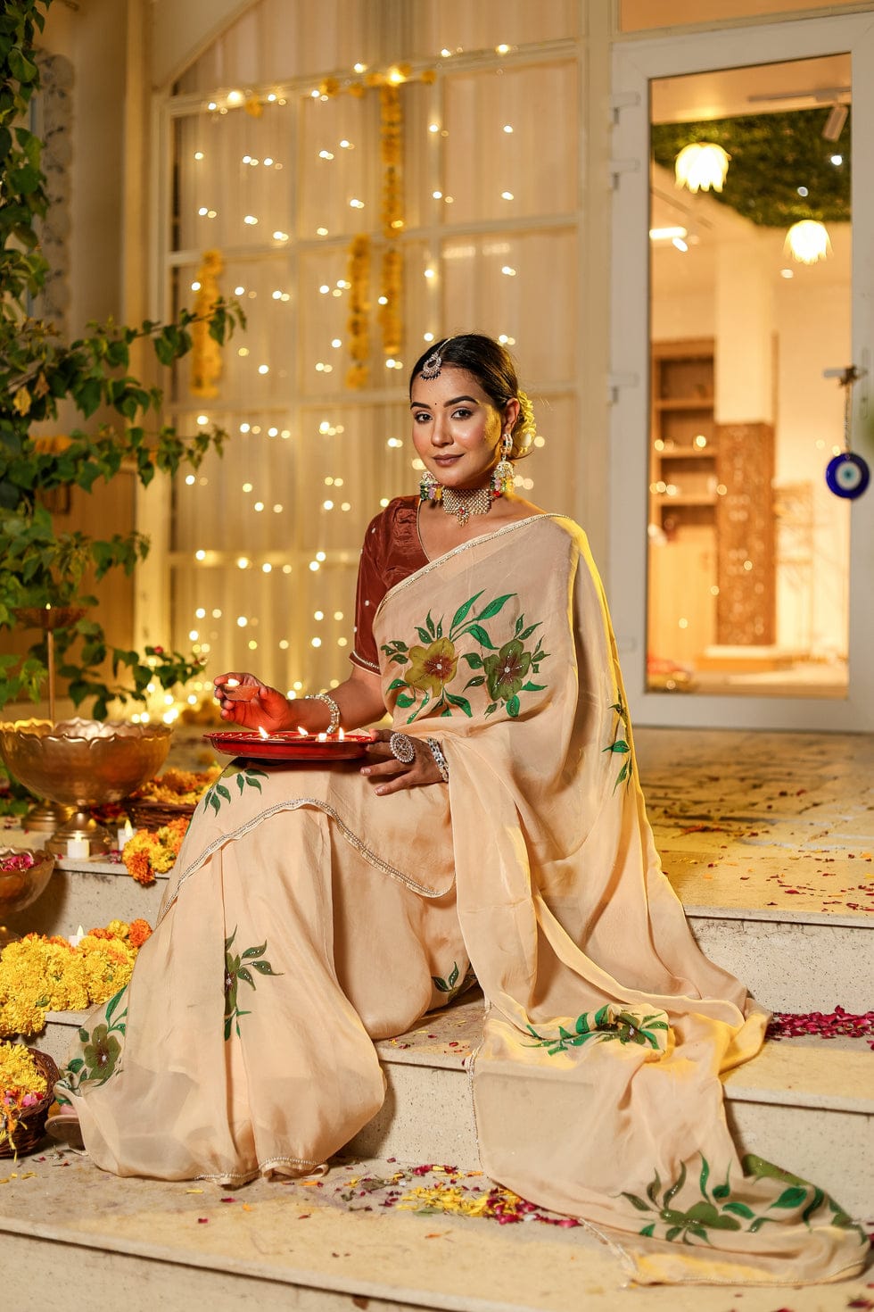 Cynosure 1-Minute Ready To Wear Beige Georgette Silk Saree