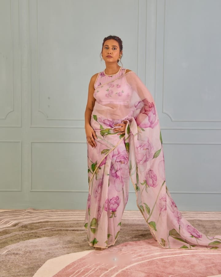 Bucolic 1-Minute Ready To Wear Pink Organza Silk Saree