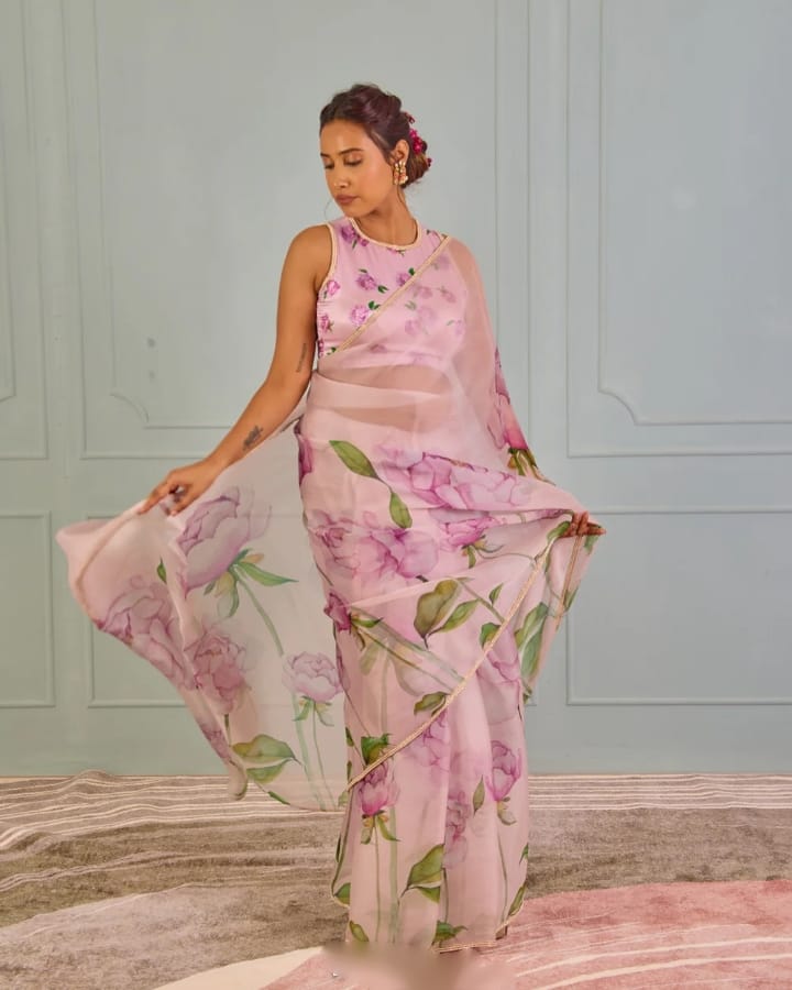 Bucolic 1-Minute Ready To Wear Pink Organza Silk Saree