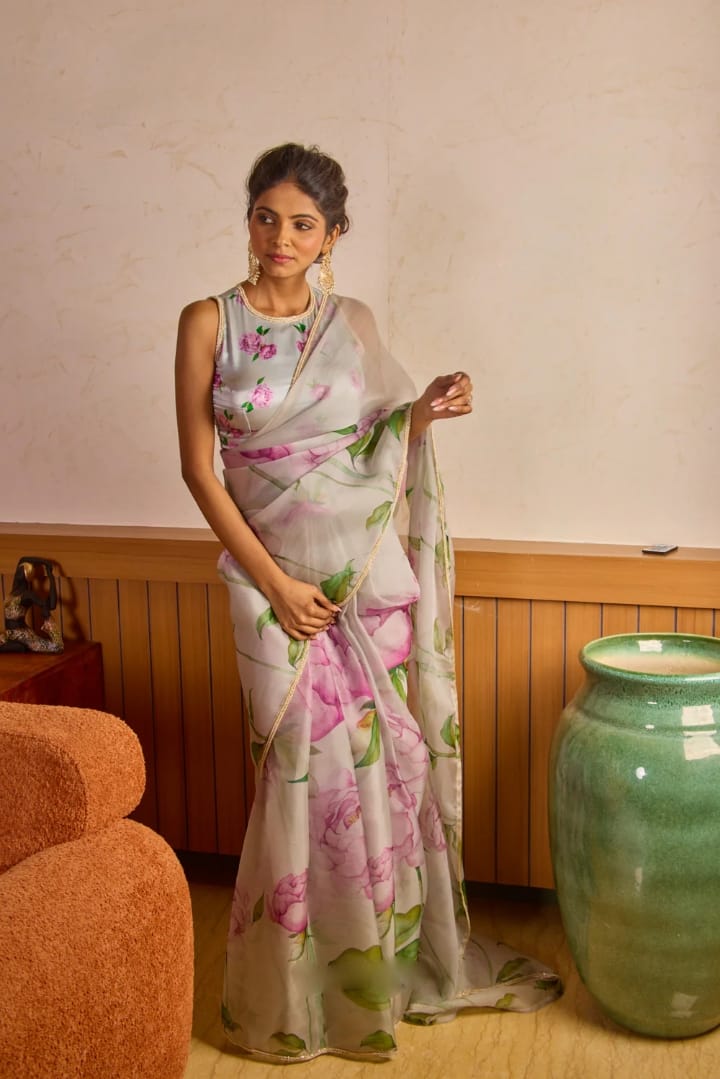 Dissemble 1-Minute Ready To Wear Sky Organza Silk Saree