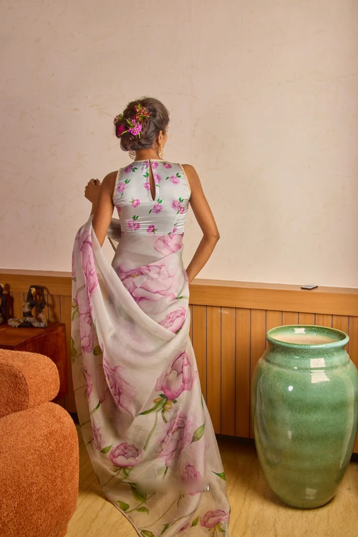 Dissemble 1-Minute Ready To Wear Sky Organza Silk Saree