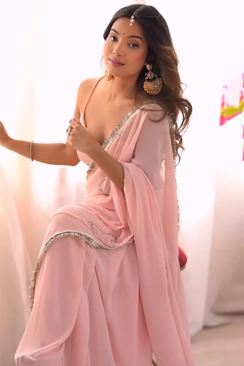 Elision 1-Minute Ready To Wear Baby Pink Georgette Saree