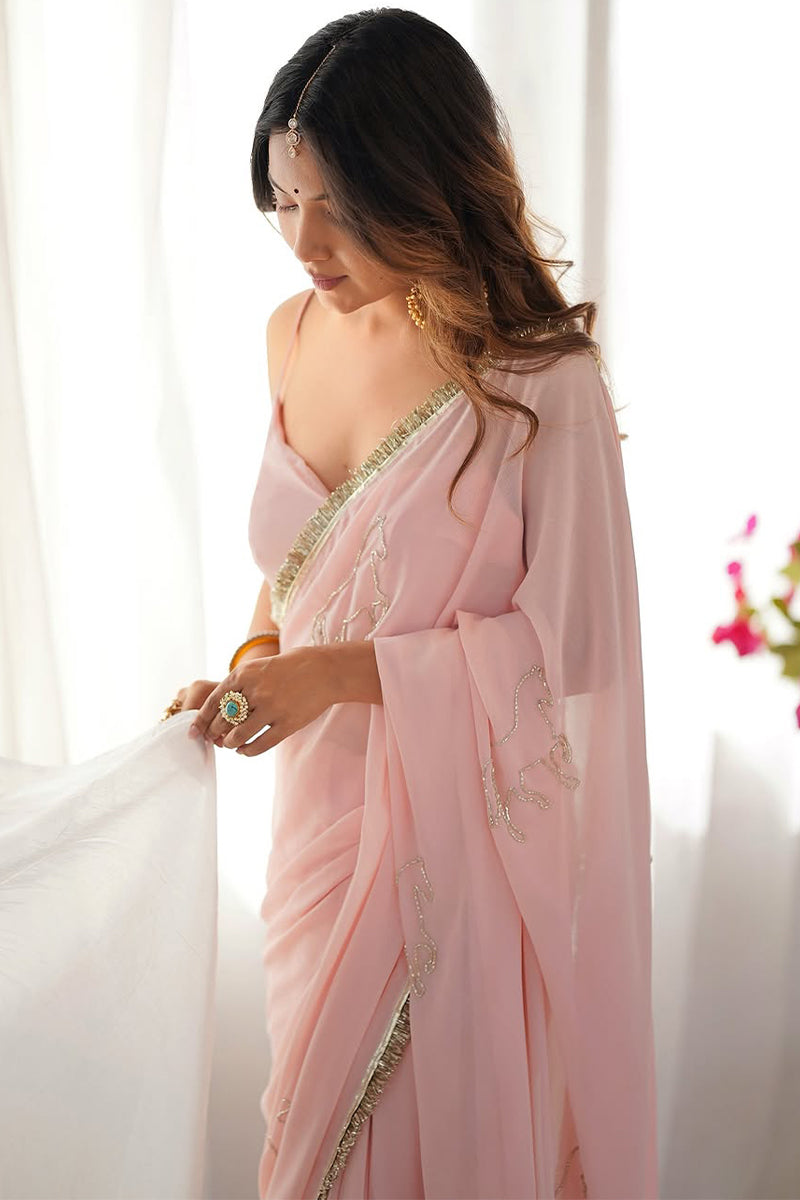 Elision 1-Minute Ready To Wear Baby Pink Georgette Saree