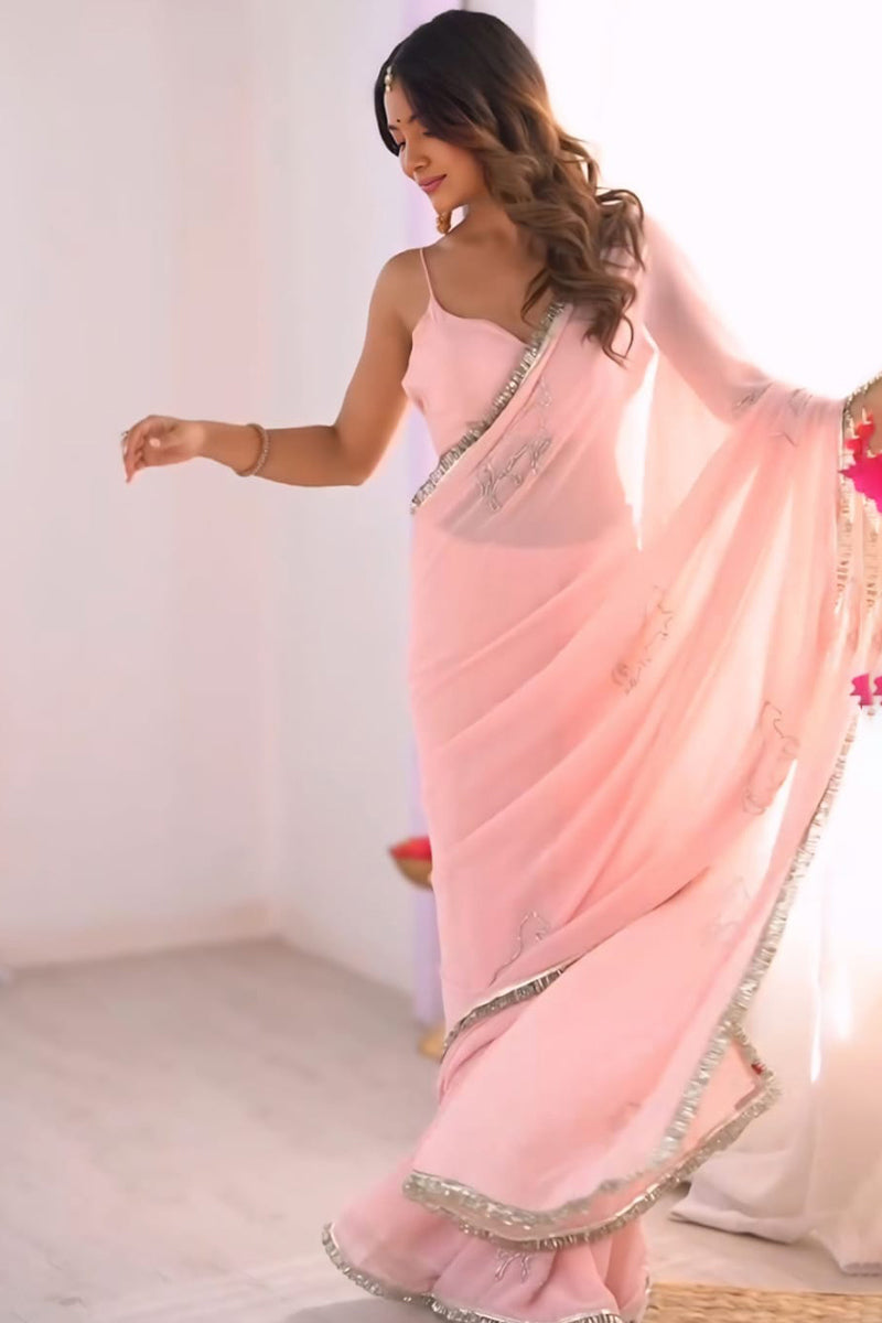 Elision 1-Minute Ready To Wear Baby Pink Georgette Saree