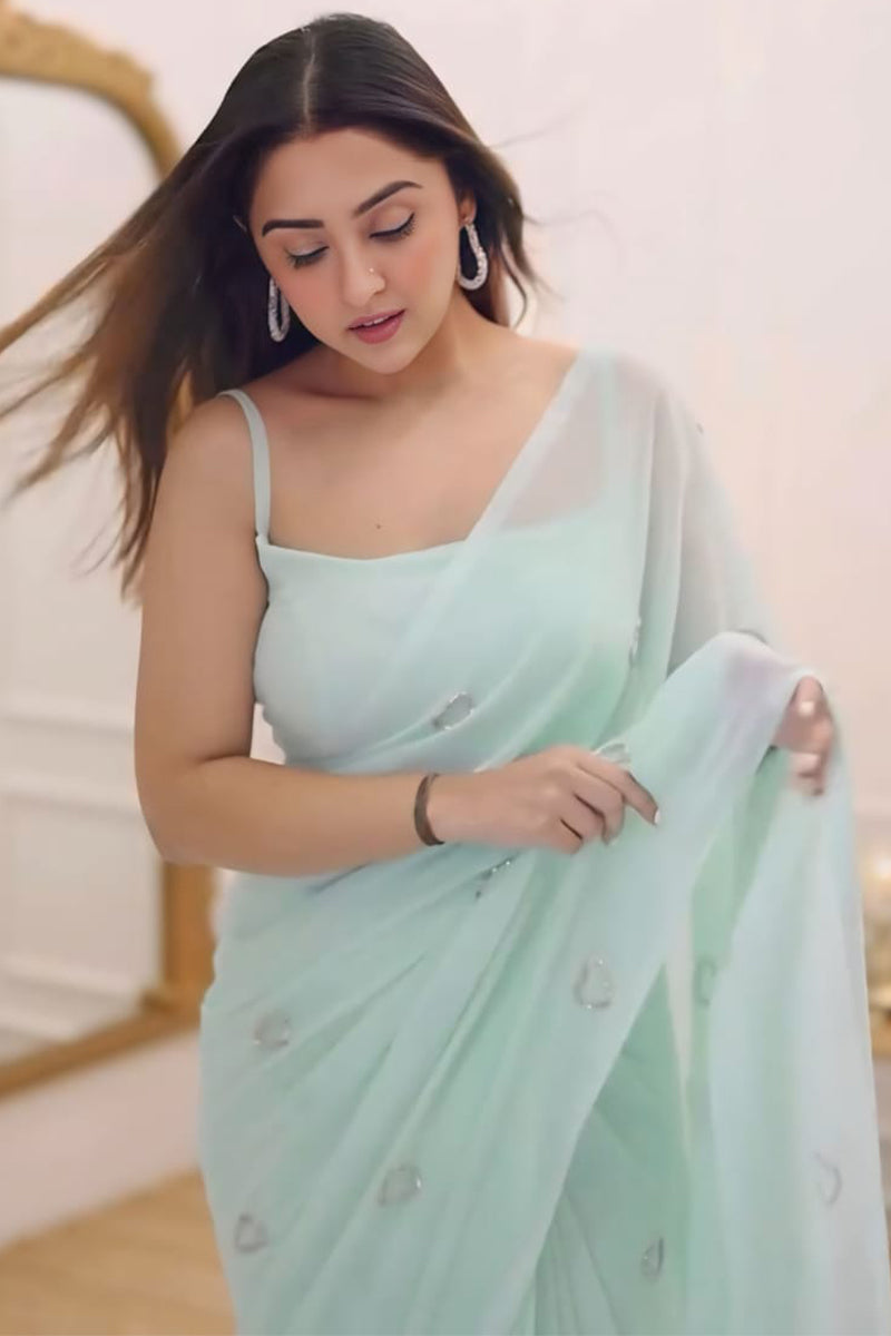 Invaluable 1-Minute Ready To Wear Turquoise Georgette Saree