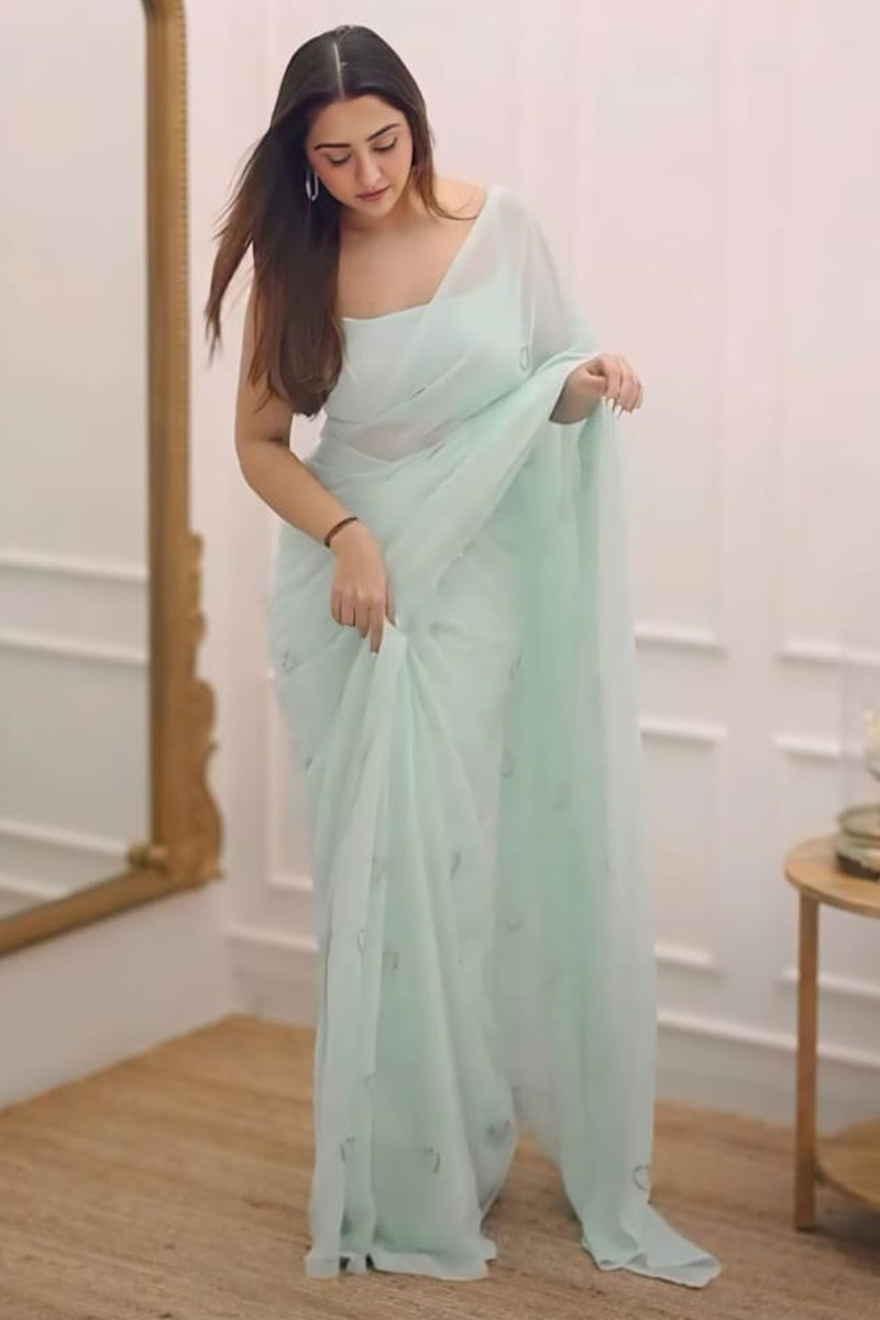 Invaluable 1-Minute Ready To Wear Turquoise Georgette Saree
