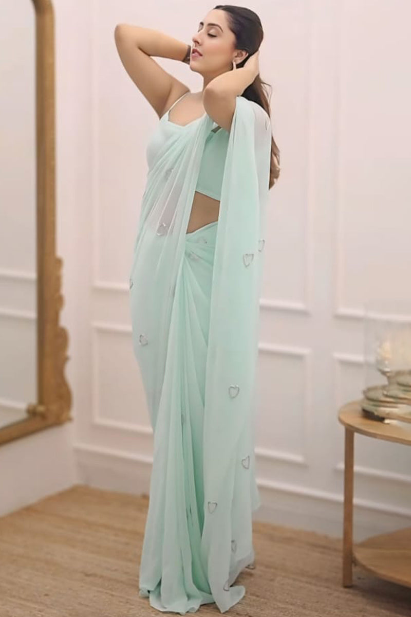 Invaluable 1-Minute Ready To Wear Turquoise Georgette Saree