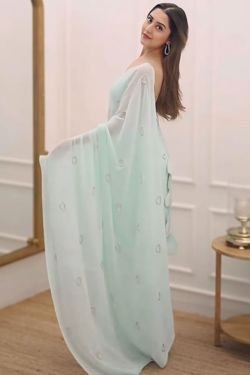 Invaluable 1-Minute Ready To Wear Turquoise Georgette Saree