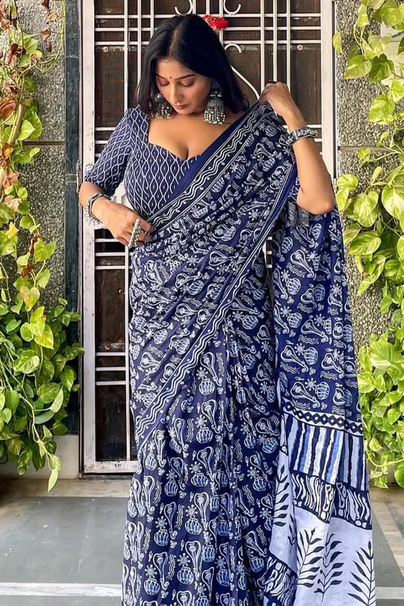 Panache 1-Minute Ready To Wear Blue Cotton Saree
