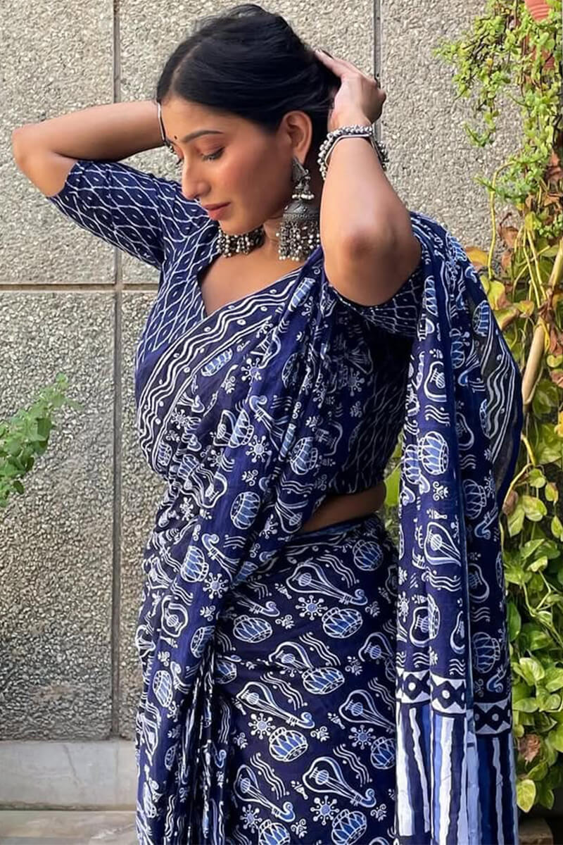 Panache 1-Minute Ready To Wear Blue Cotton Saree