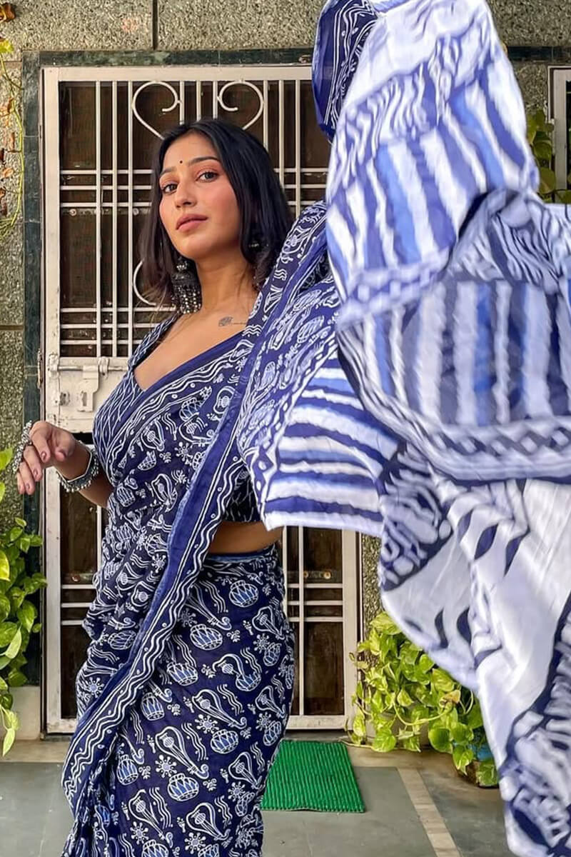 Panache 1-Minute Ready To Wear Blue Cotton Saree