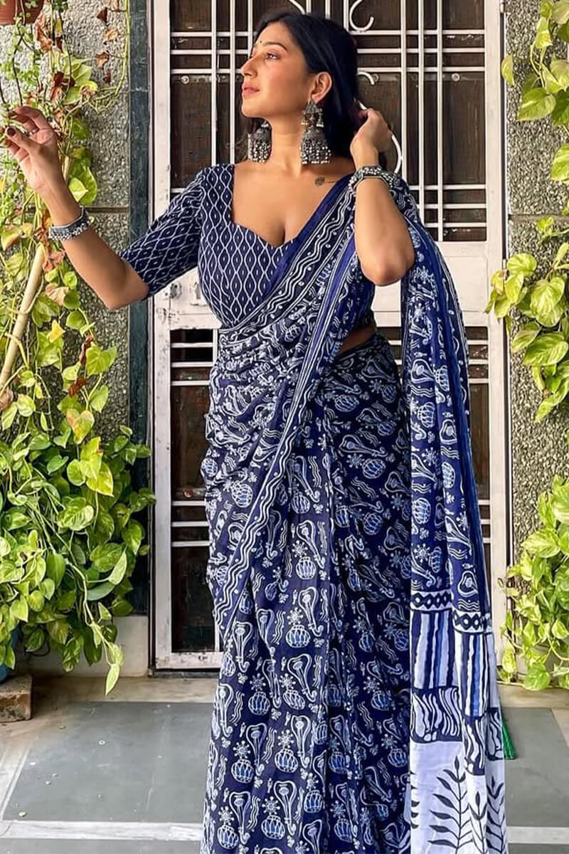 Panache 1-Minute Ready To Wear Blue Cotton Saree