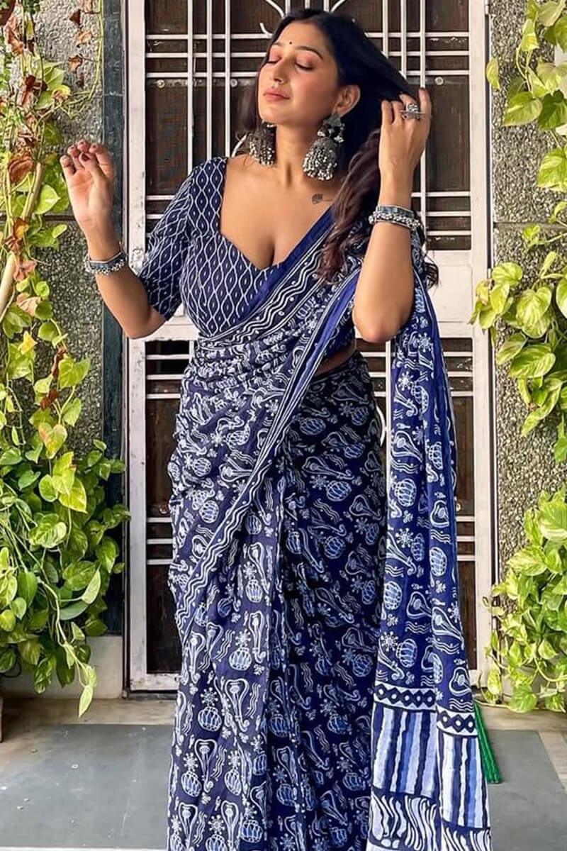 Panache 1-Minute Ready To Wear Blue Cotton Saree