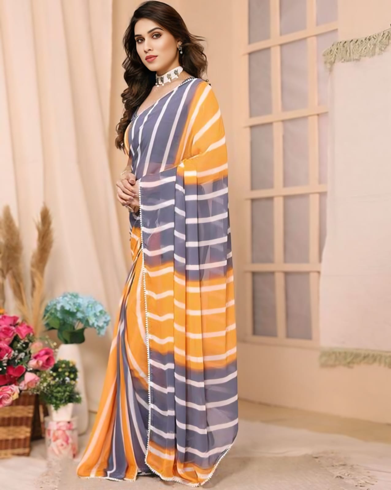 Demure 1-Minute Ready To Wear Grey and Mustard Georgette Saree