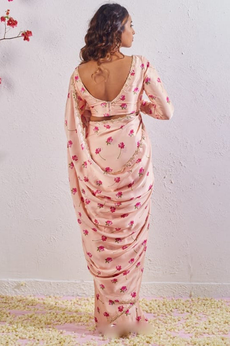 Most Flattering 1-Minute Ready To Wear Peach Satin Silk Saree